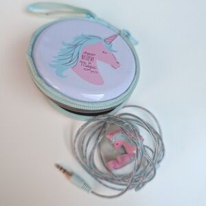 Pink Unicorn Kids Wired Earbuds with Always Believe In Magic Zipper Travel Case